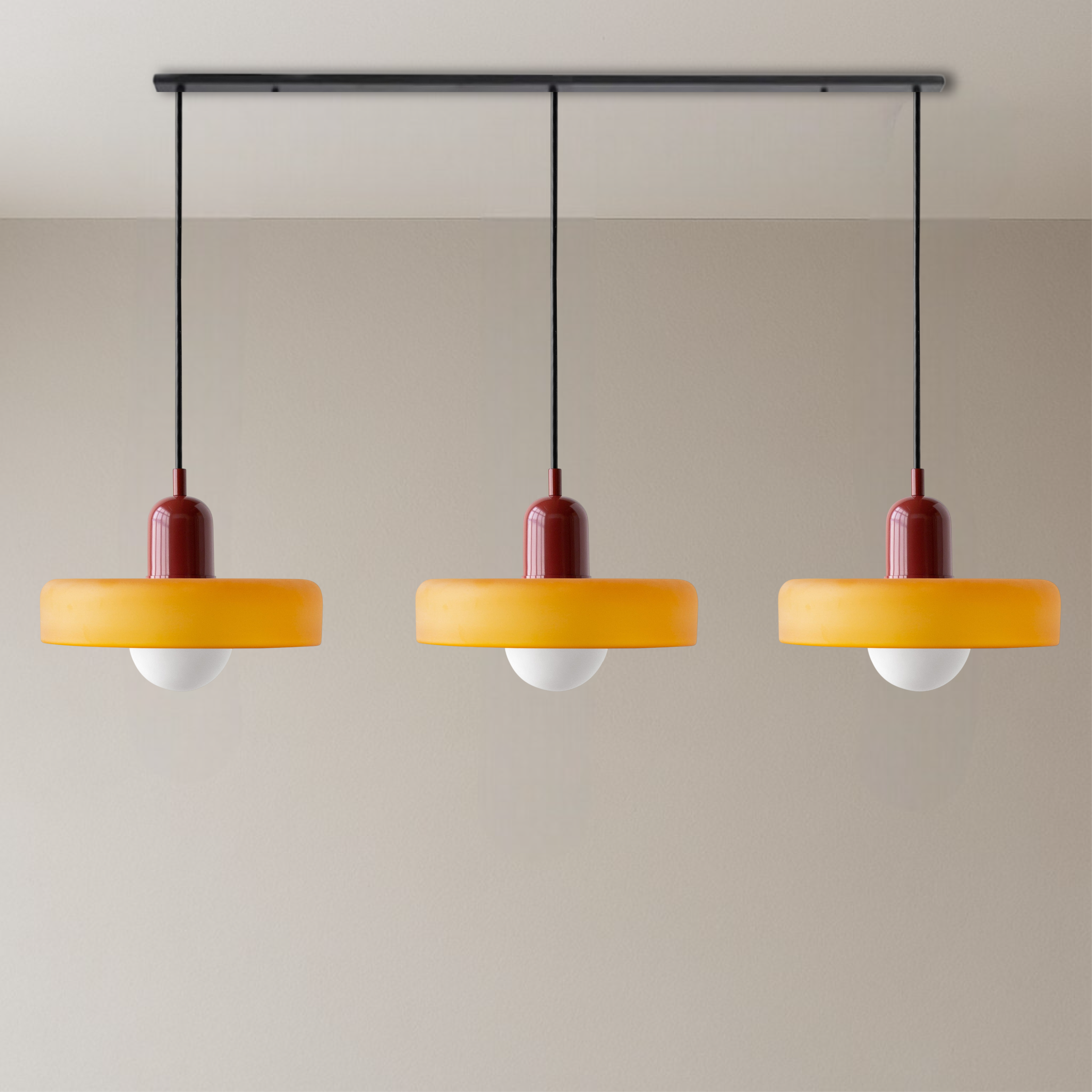 3-Head Bauhaus Suspension Lamp with Colored Glass