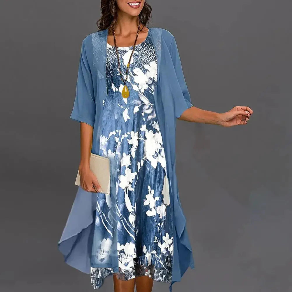 Robe d'Été Tendance Anna en polyester haut de gamme avec motif floral - Bleu élégant