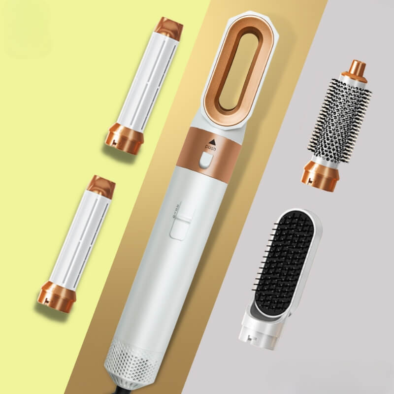 Brosse Sèche-Cheveux en Doré avec Accessoires Interchangeables pour Boucles Parfaites et Style Unique