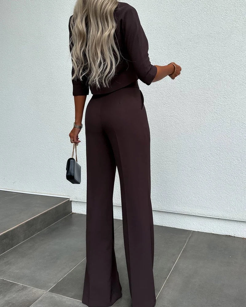 Veste à taille haute et pantalon droit en polyester confortable - Ensemble chic Camila