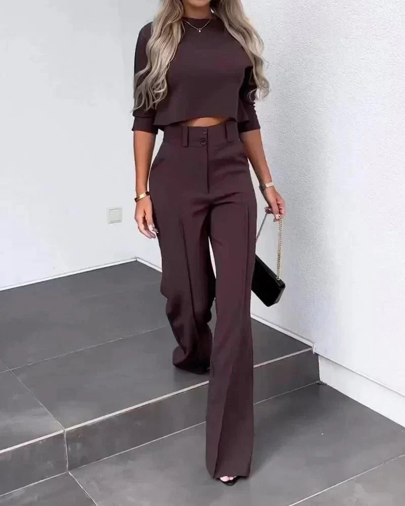 Veste à taille haute et pantalon droit en polyester confortable - Ensemble chic Camila