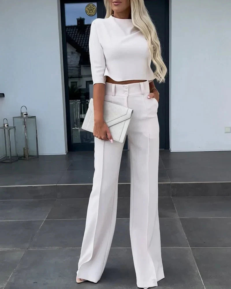 Ensemble élégant Camila Blanc - Veste à taille haute et pantalon droit durable pour un style intemporel