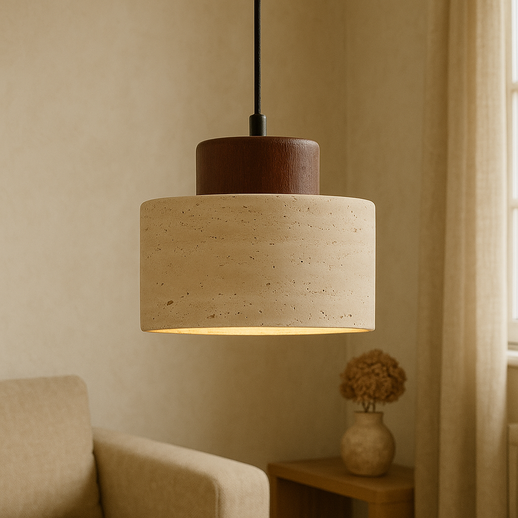 Pendant lamp in travertine stone