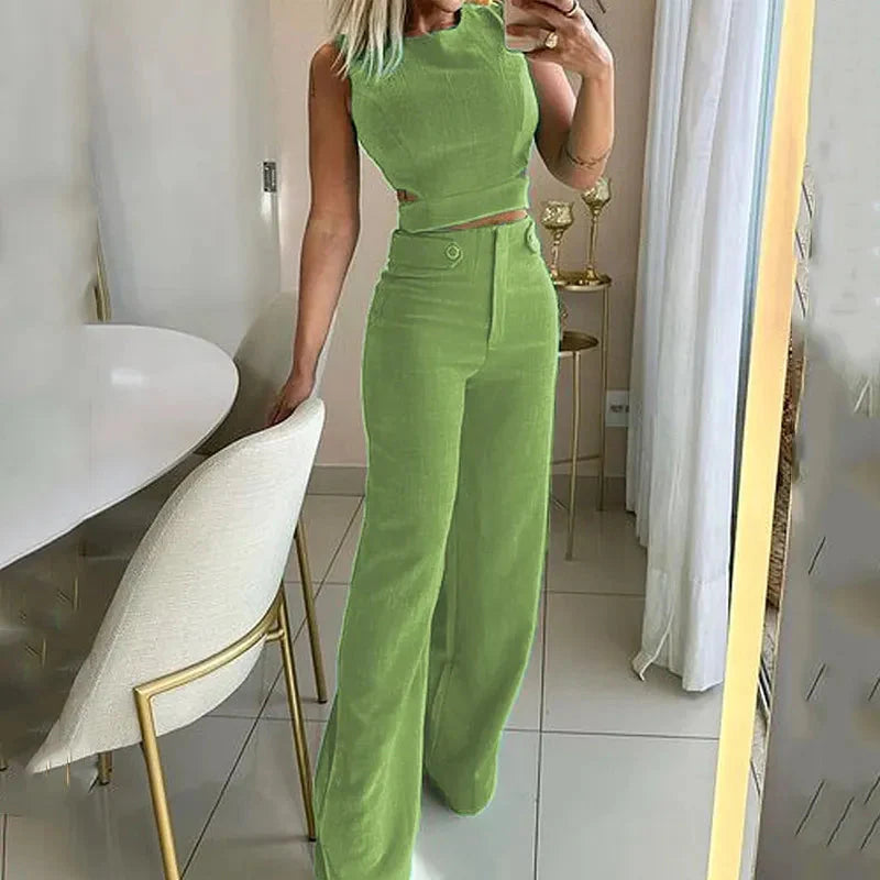 Ensemble chic Ciara haut court et pantalon taille haute en polyester haute qualité pour femme