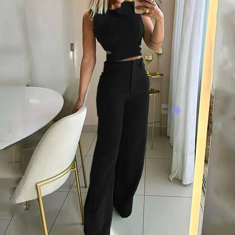 Ensemble chic Ciara haut court et pantalon taille haute en polyester haute qualité pour femme