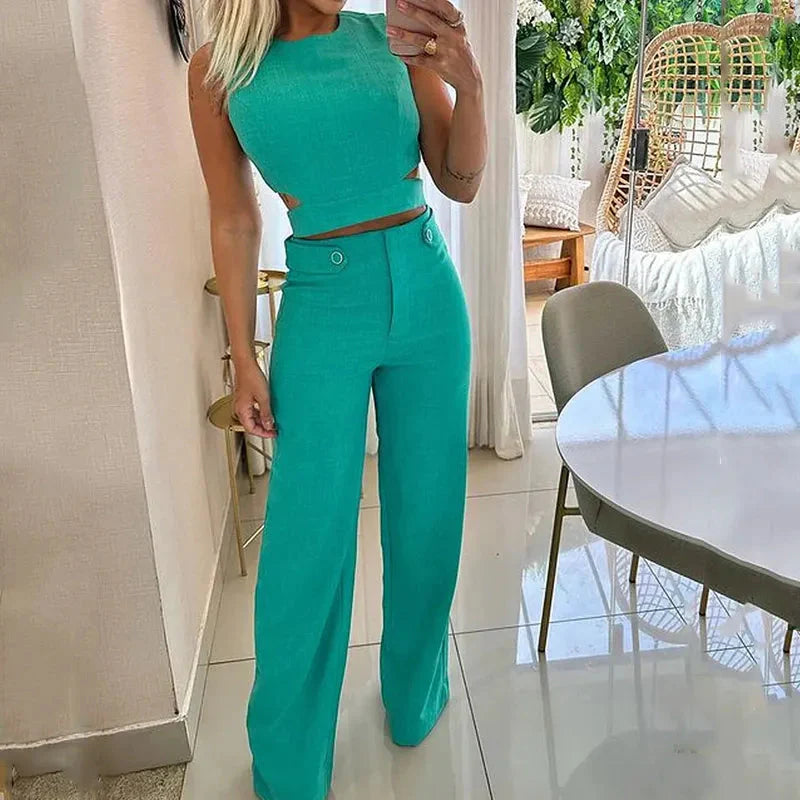 Ensemble chic Ciara haut court et pantalon taille haute en polyester haute qualité pour femme