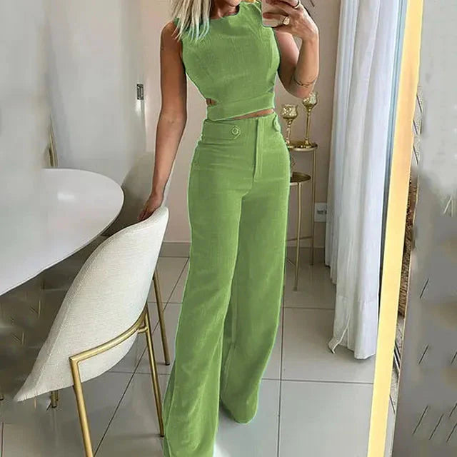 Ensemble chic Ciara haut court et pantalon taille haute en polyester haute qualité - Vert estival pour femme