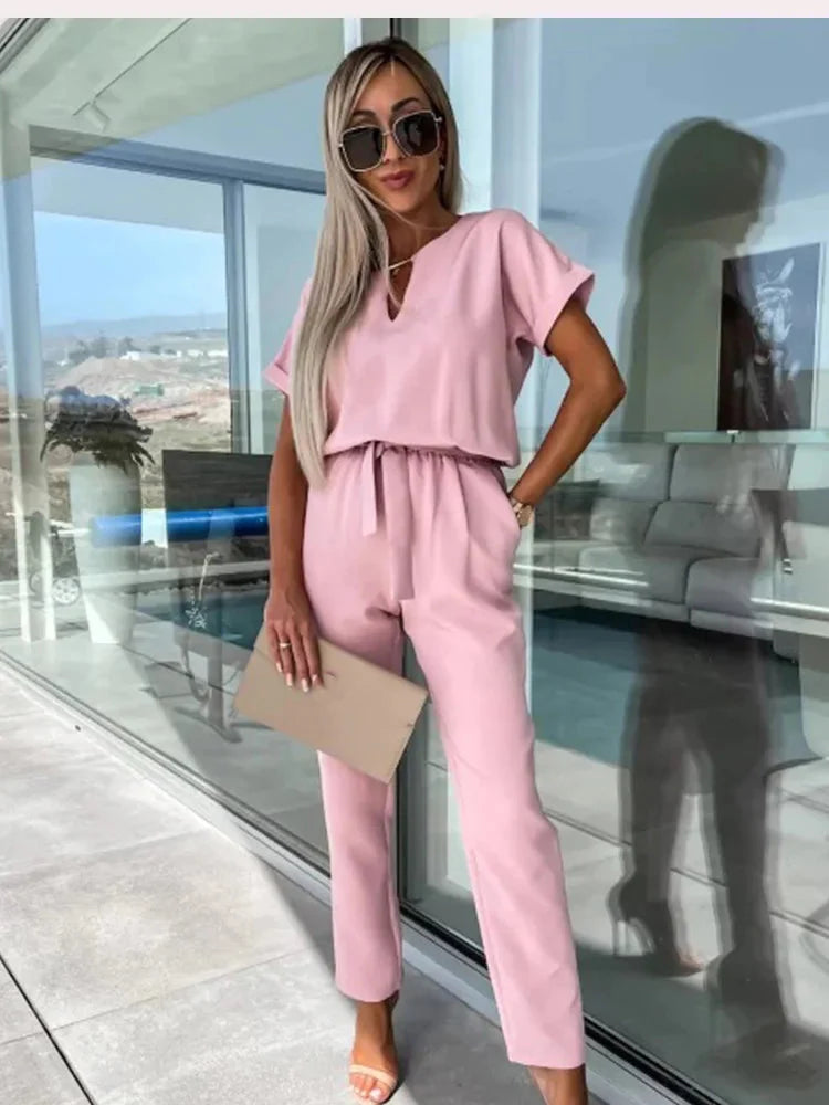 Combinaison Chic & Élégante en Polyester de Qualité - Taille Élastique, Col en V