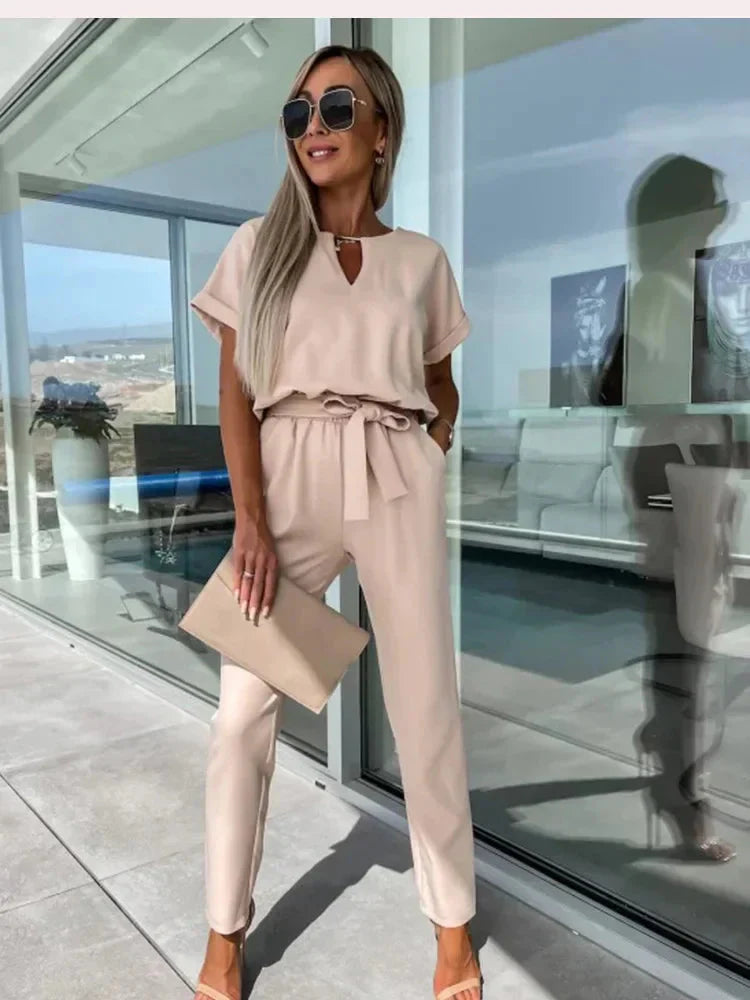 Combinaison Chic & Élégante en Polyester de Qualité - Taille Élastique, Col en V