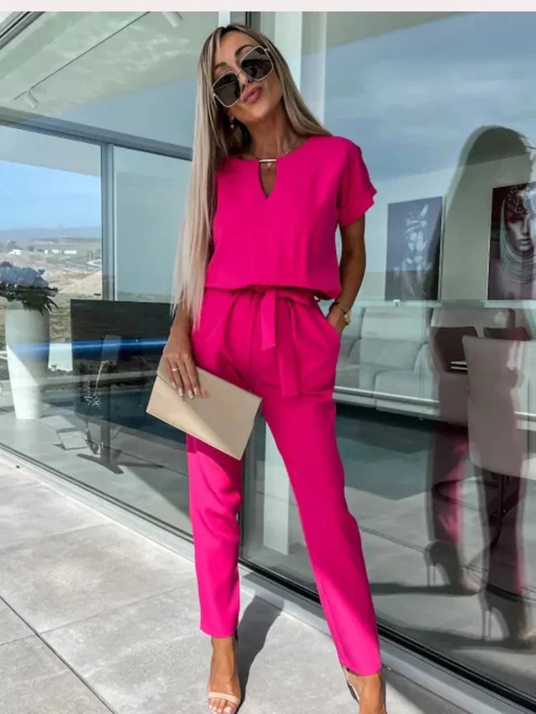 Combinaison Chic & Élégante en Polyester de Qualité - Taille Élastique, Col en V