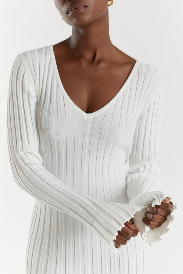 Robe en tricot à col V - Maille côtelée et ajustable à la taille pour un style chic et confortable
