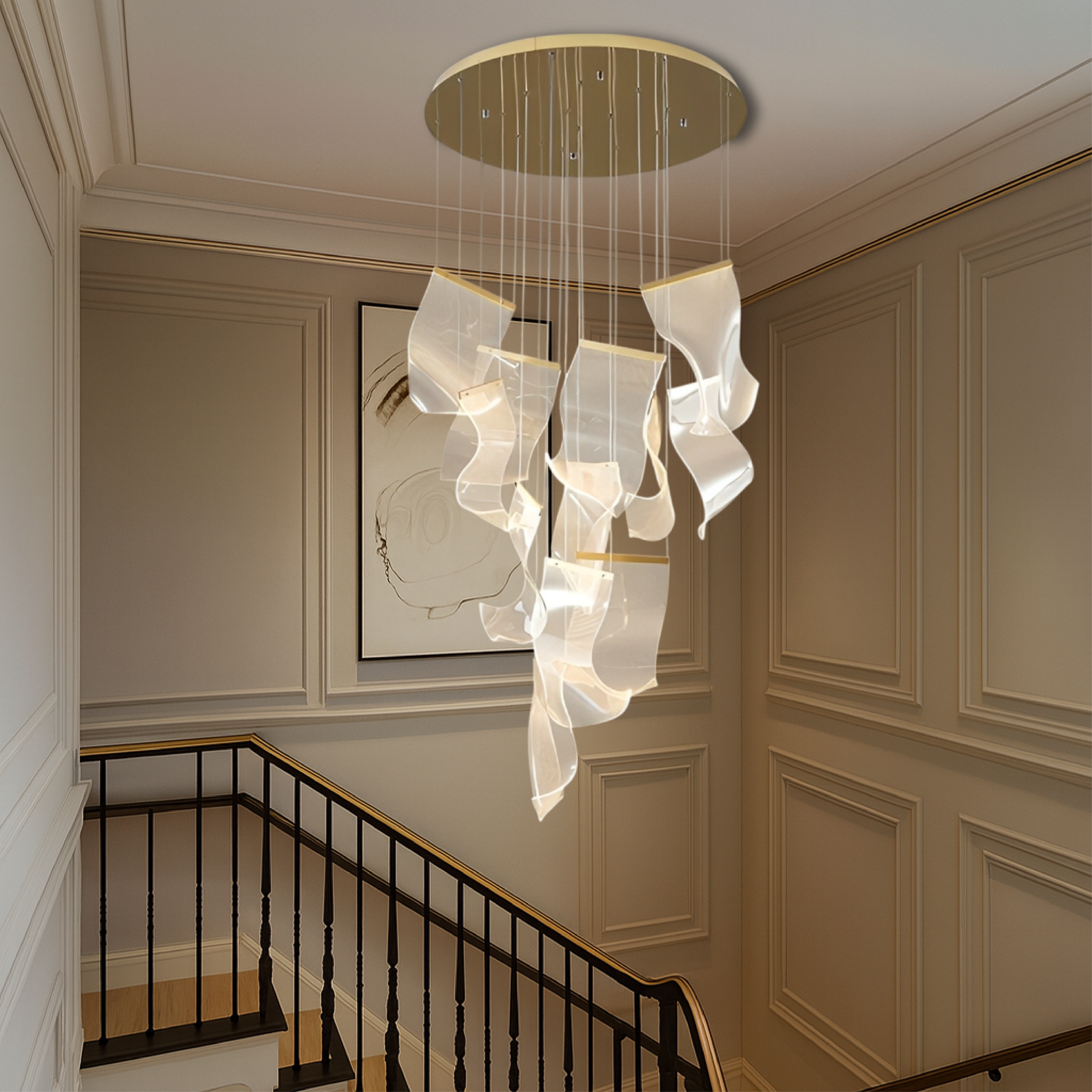 Golden acrylic staircase chandelier