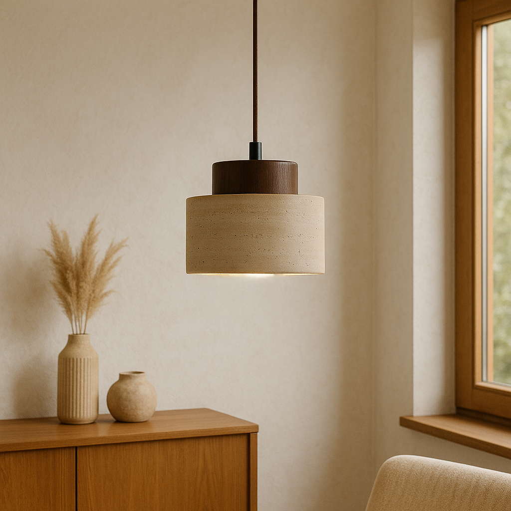 Pendant lamp in travertine stone