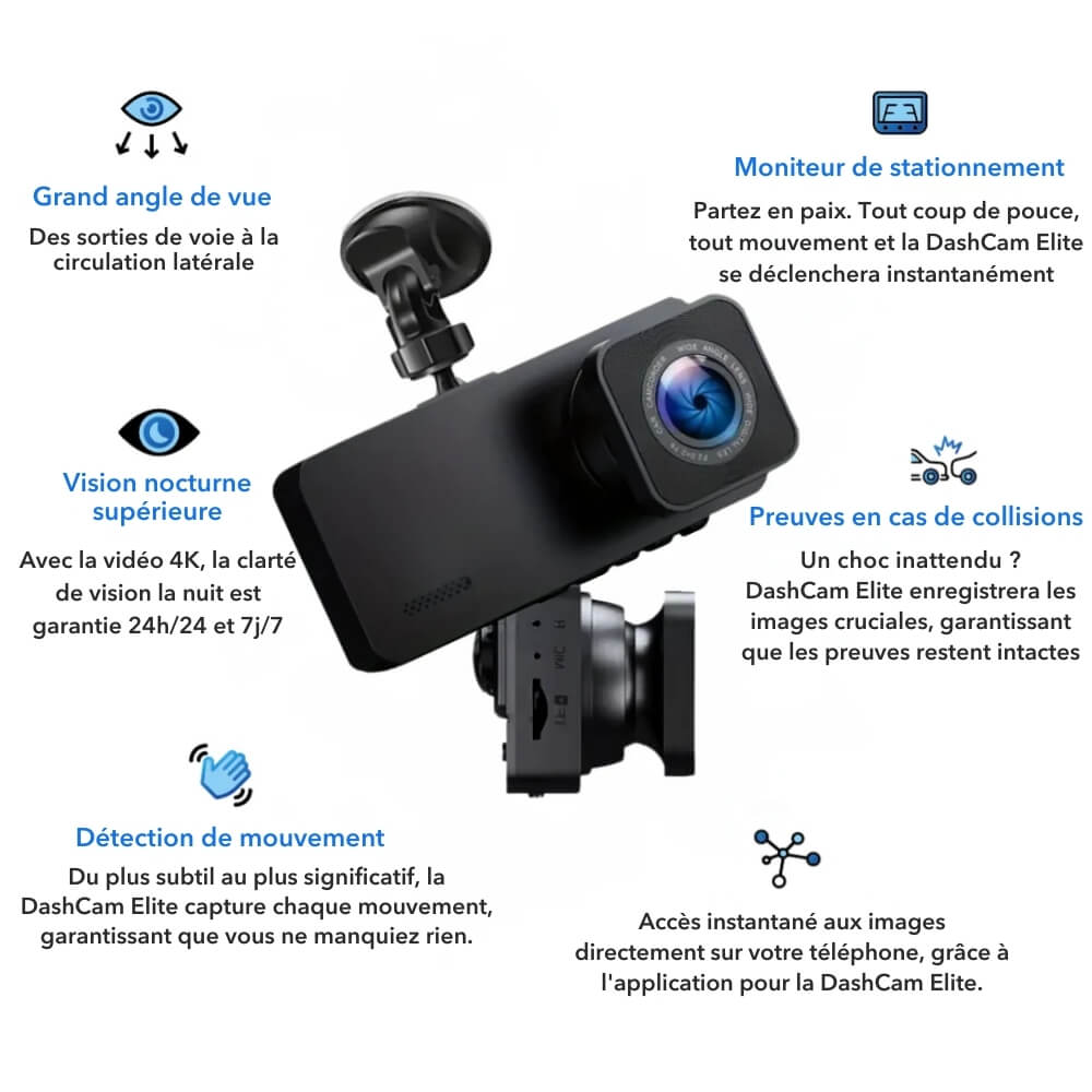 DashCam Elite 4K avec enregistrement vidéo HD pour des preuves claires en cas d'incident
