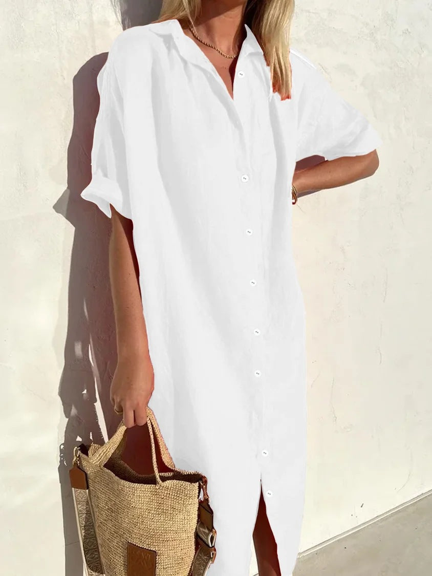 Robe longue style t-shirt Milana en lin blanc, facile à assortir travel bottl
