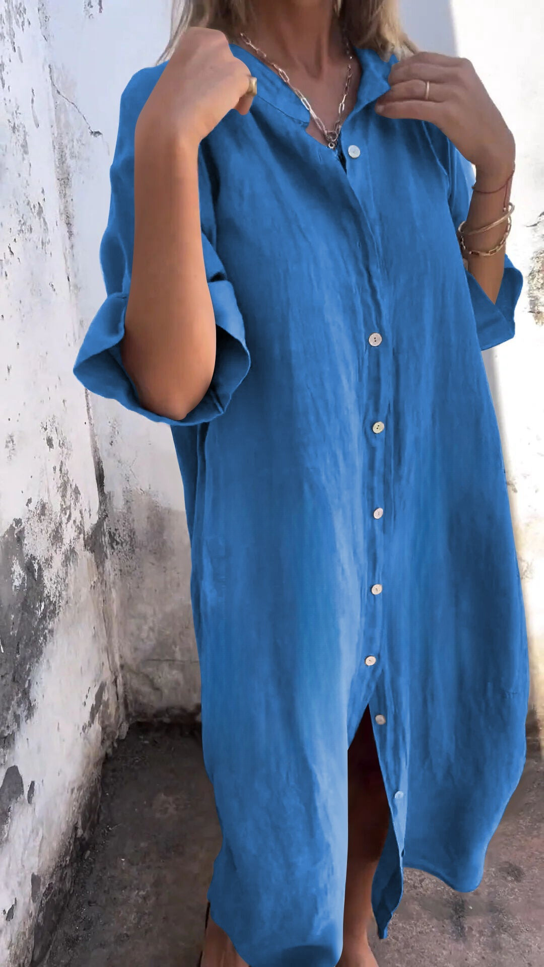 Robe longue style t-shirt Milana en lin bleu, confort et fraîcheur travel bot