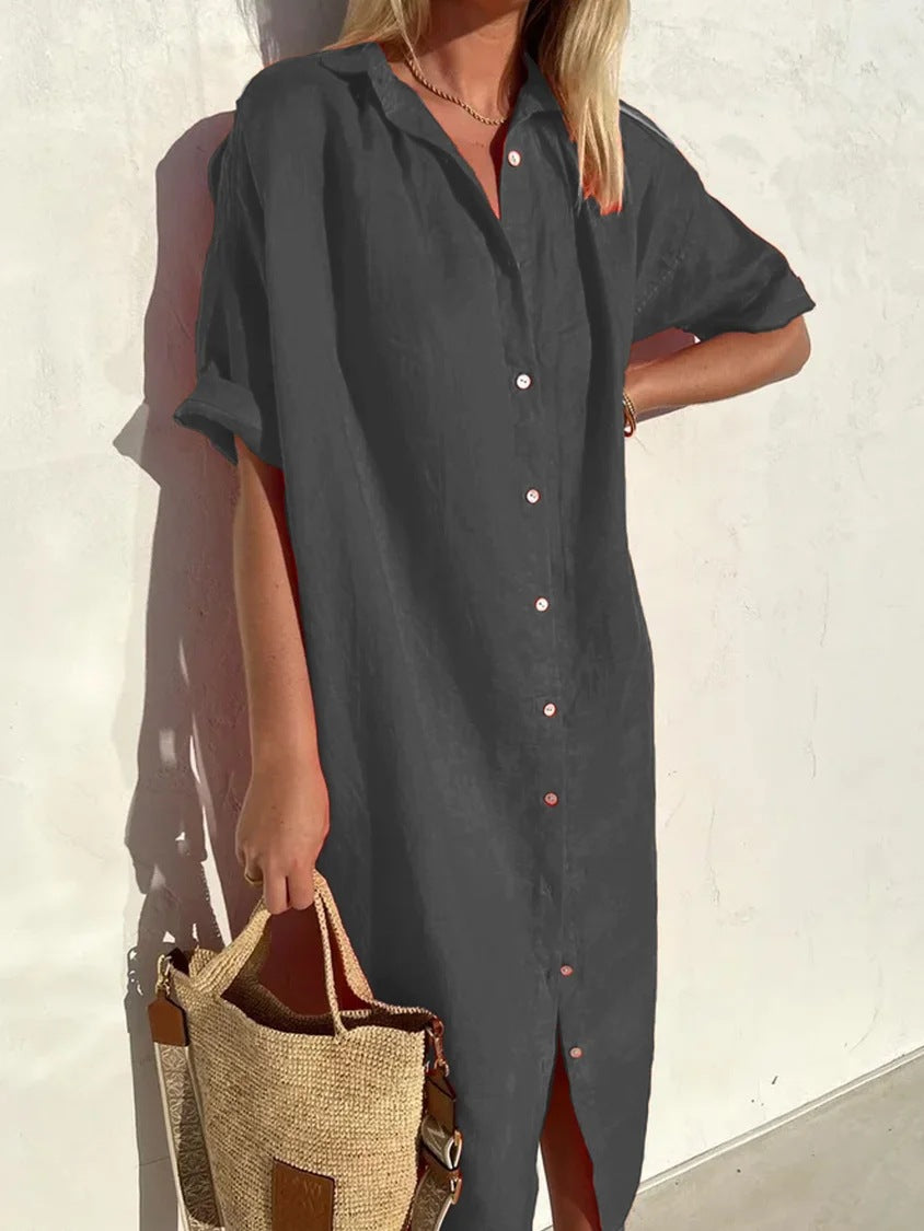 Robe longue style t-shirt Milana en lin gris, détails élégants travel bottle