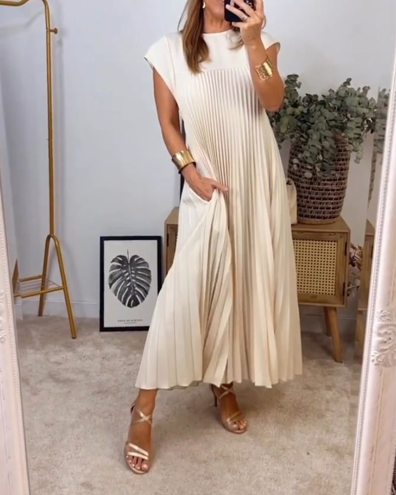 Robe plissée sans manches Serenity en coton mélangé Beige, confortable et élégante pour un style polyvalent