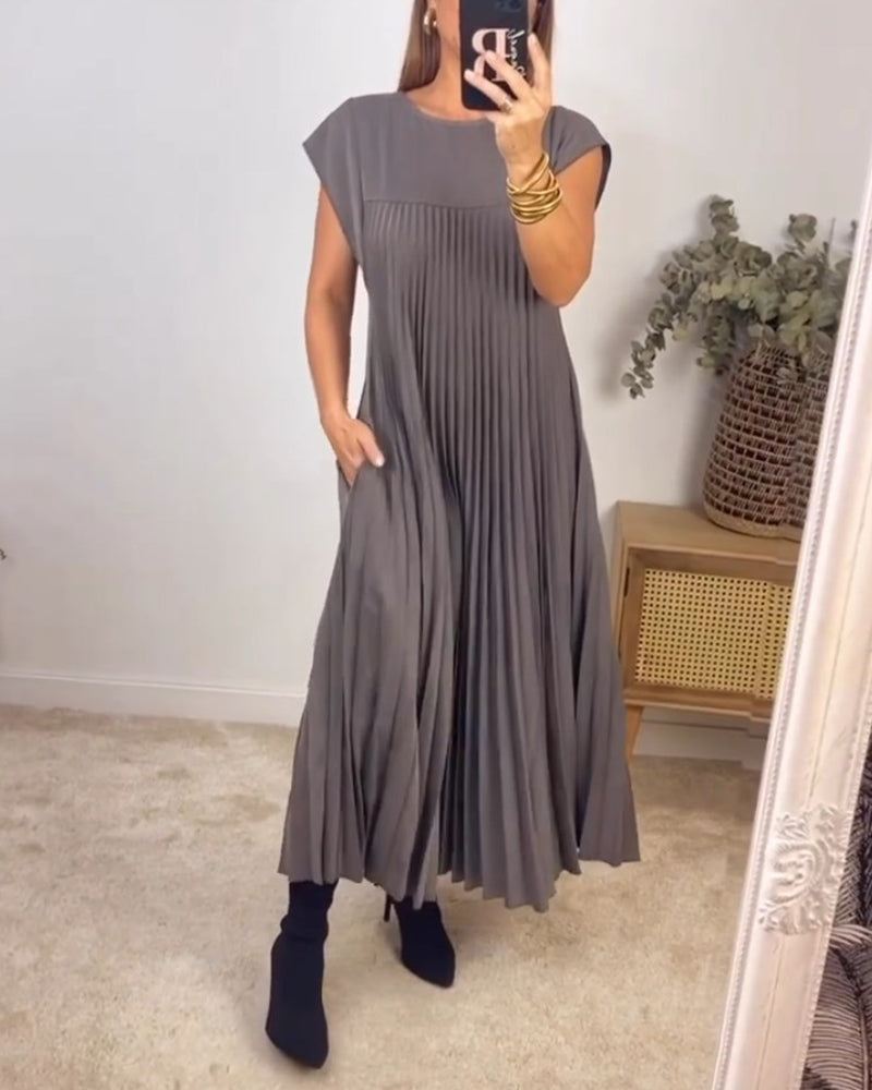 Robe plissée sans manches Serenity en coton mélangé Gris, confortable et élégante pour un style polyvalent