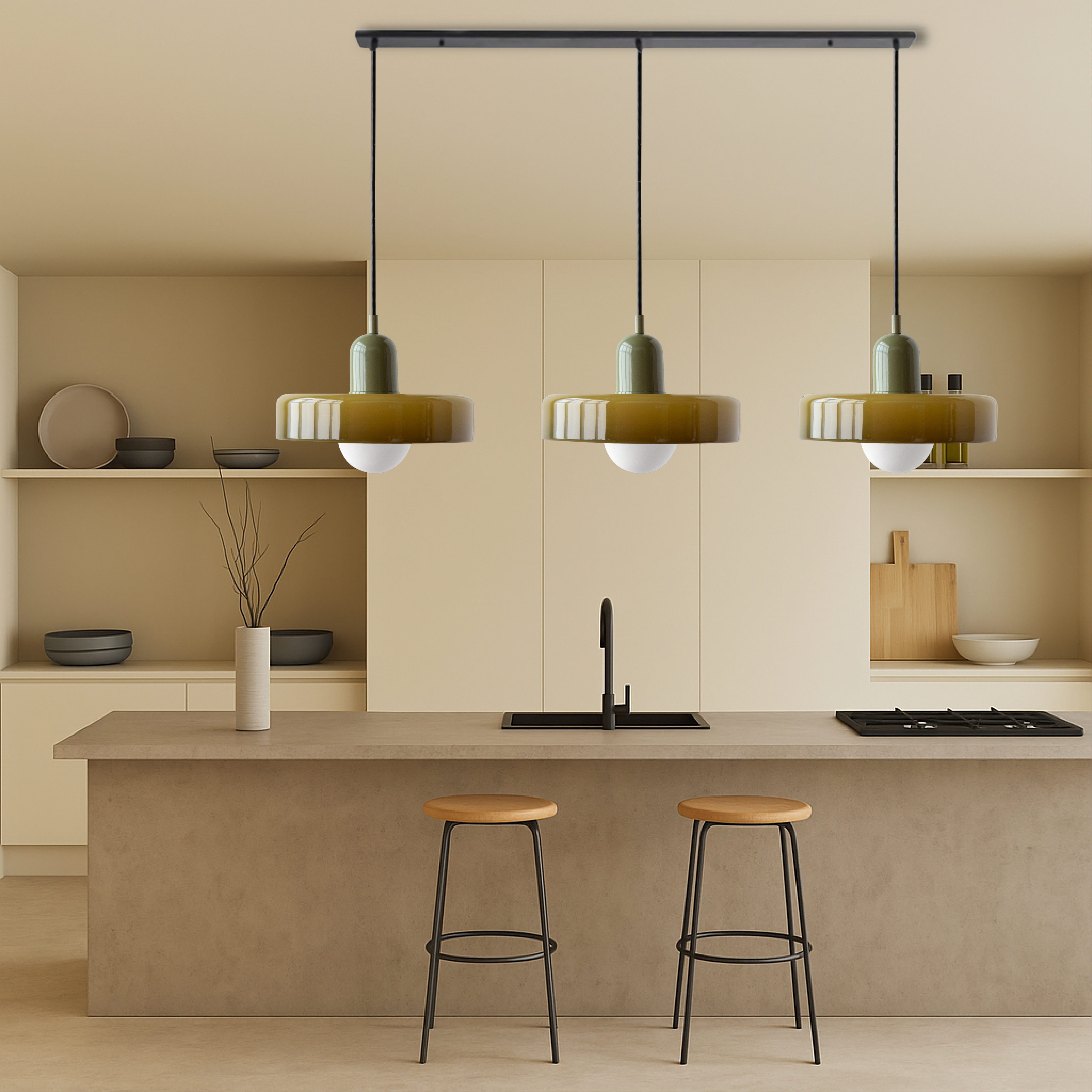 3-Head Bauhaus Suspension Lamp with Colored Glass