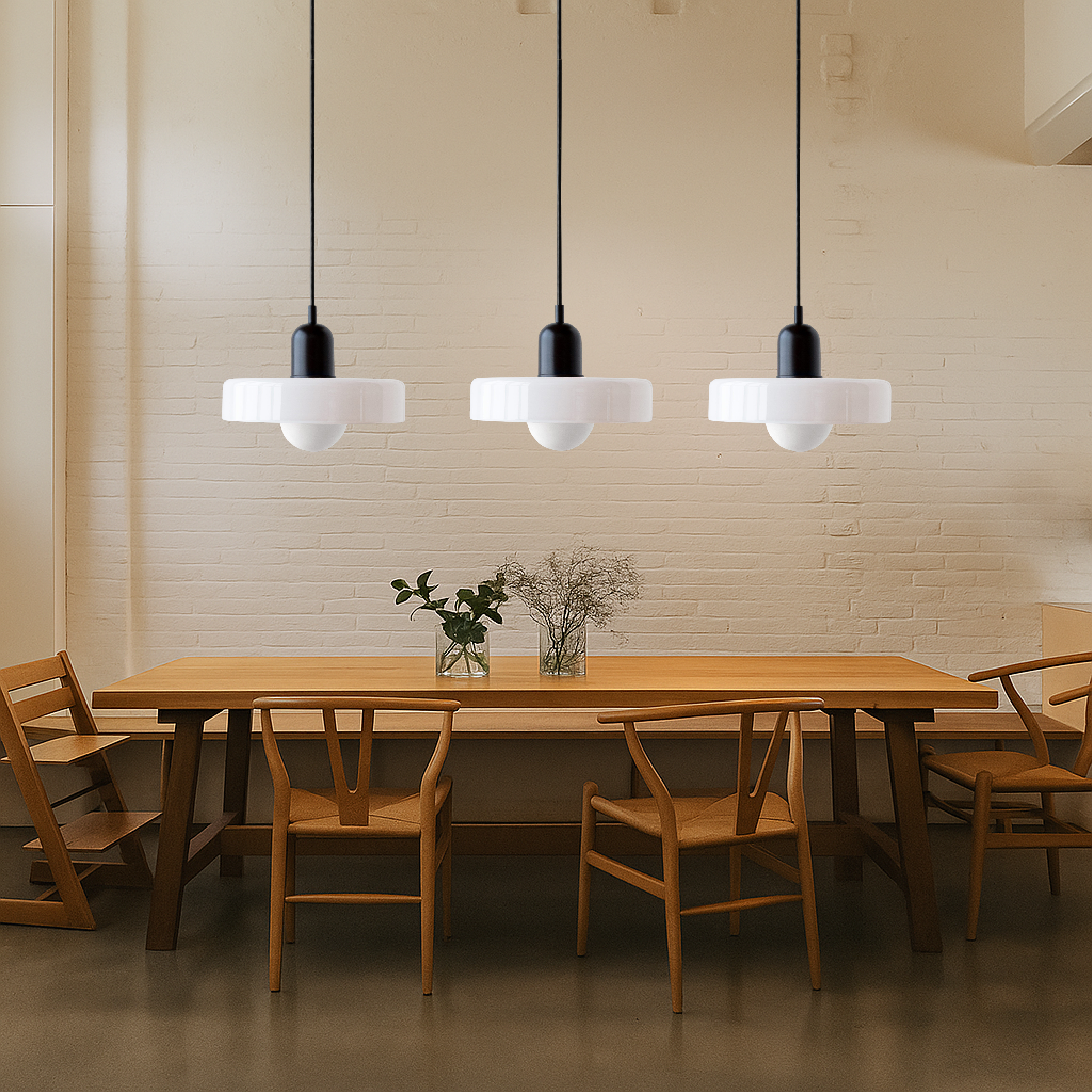 3-Head Bauhaus Suspension Lamp with Colored Glass